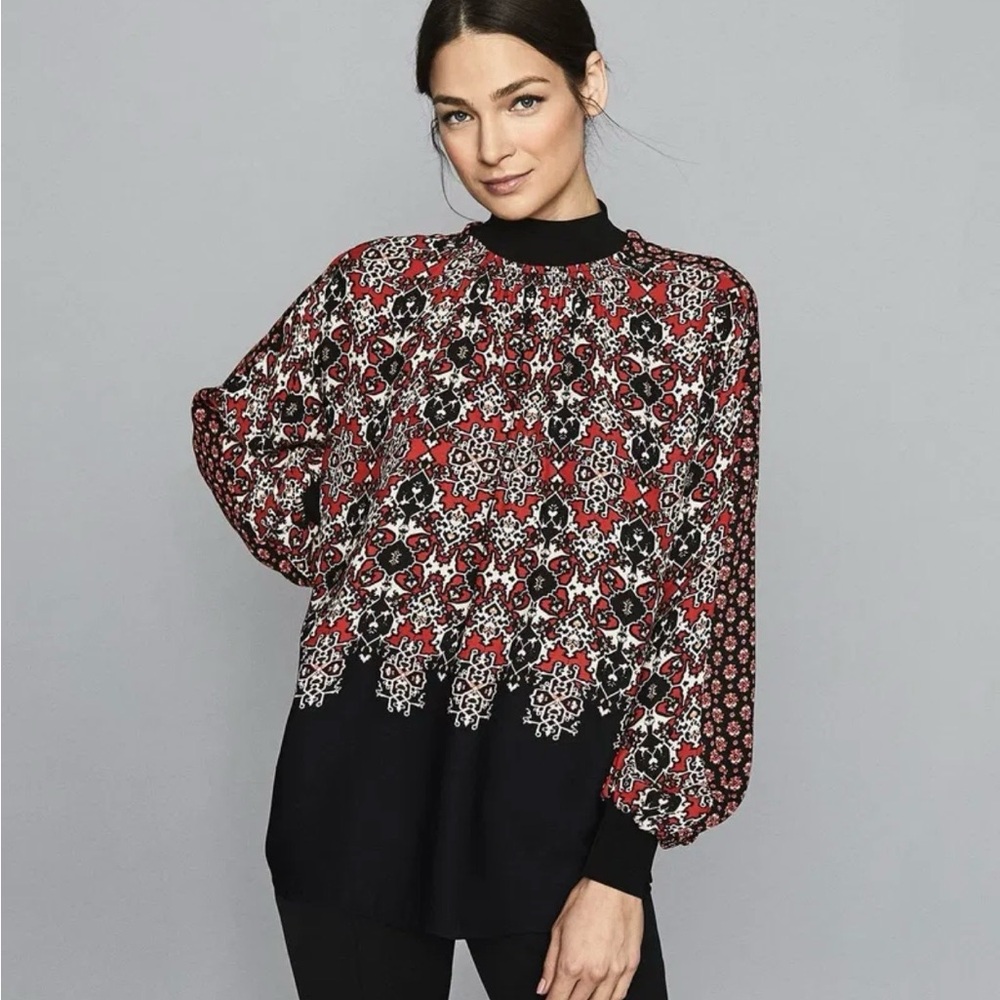 REISS Maisie Patchwork Long Sleeve Printed Blouse Black & Red Career Size 6